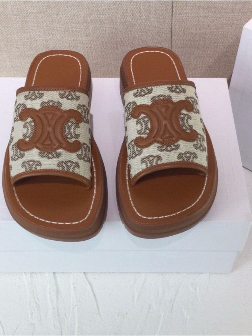 Celine Tan Leather Slide Mules with Canvas Logo Strap